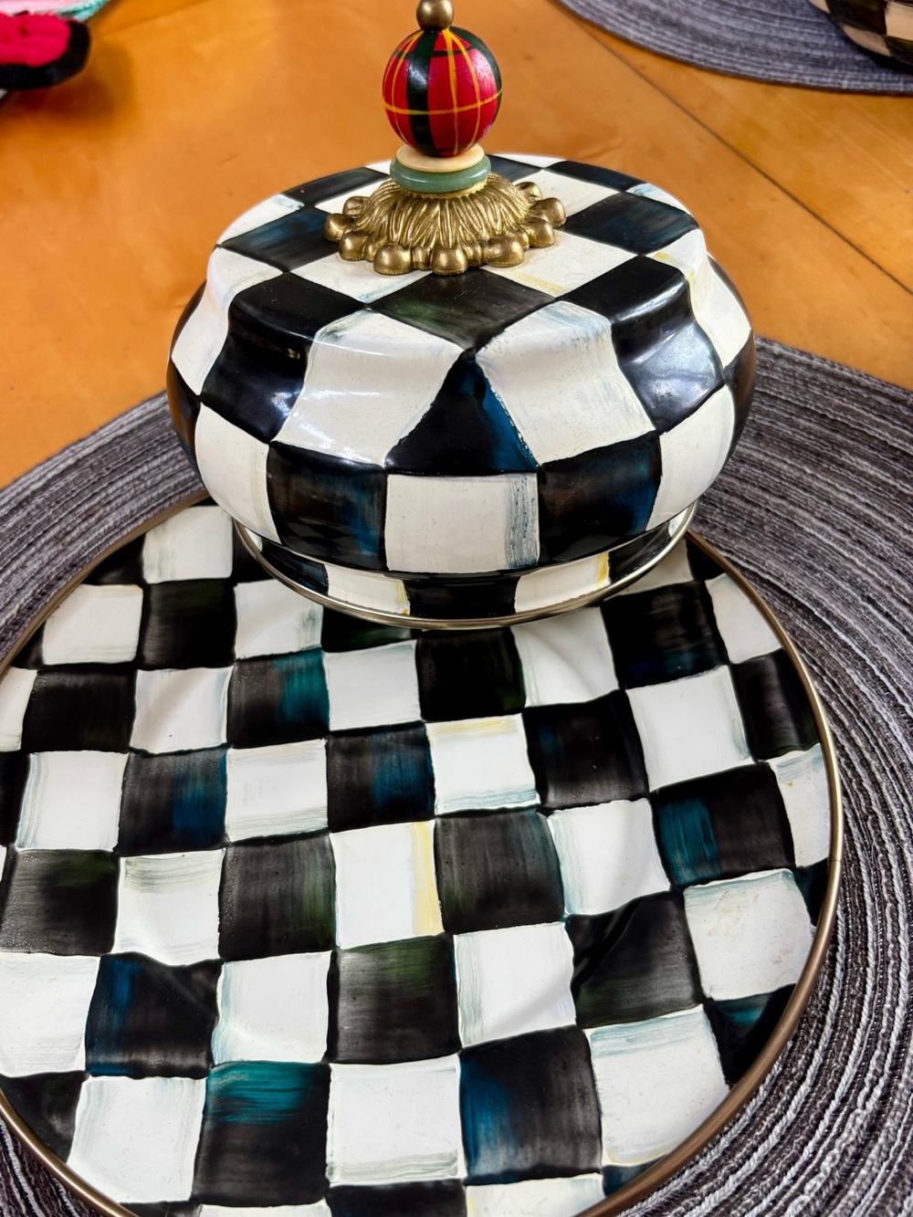Mackenzie Childs Courtley Check enamel butter/cheese dish with cover